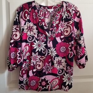 Crown & Ivy Women's Blouse Small V-Neck Pink Floral Swirl **CLEARANCE**